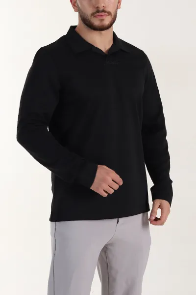 Siyah Relaxed Fit Jakarlı Kumaş Yazı Detaylı Polo Yaka Erkek Sweatshirt 399447
