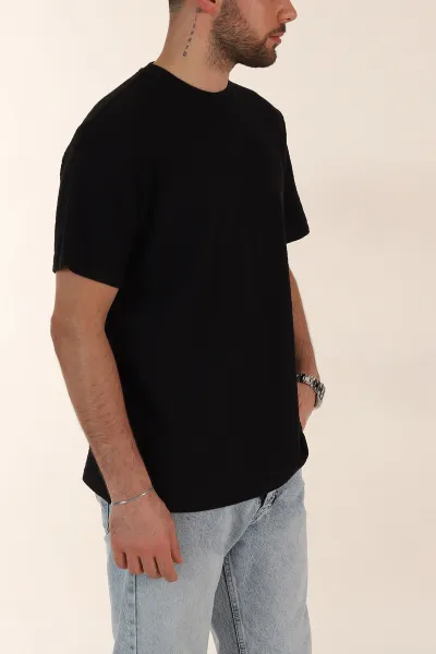 Siyah Relaxed Fit Kabartma Desenli Basic Erkek Tişört 358106