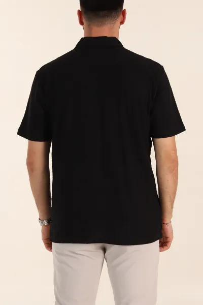 Siyah Relaxed Fit Kabartma Desenli Düğmeli Polo Yaka Erkek Tişört 358078