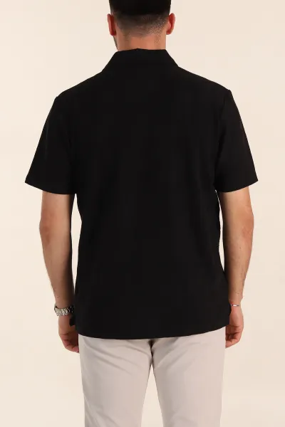 Siyah Relaxed Fit Kabartma Desenli Düğmeli Polo Yaka Erkek Tişört 358188