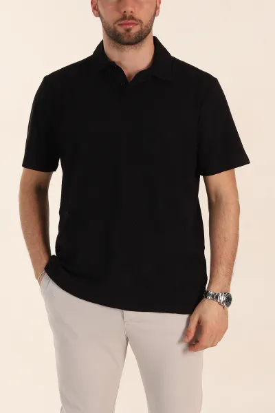 Siyah Relaxed Fit Kabartma Desenli Düğmeli Polo Yaka Erkek Tişört 358188