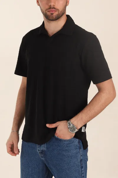 Siyah Relaxed Fit Kabartma Desenli Patlı Polo Yaka Erkek Tişört 358021