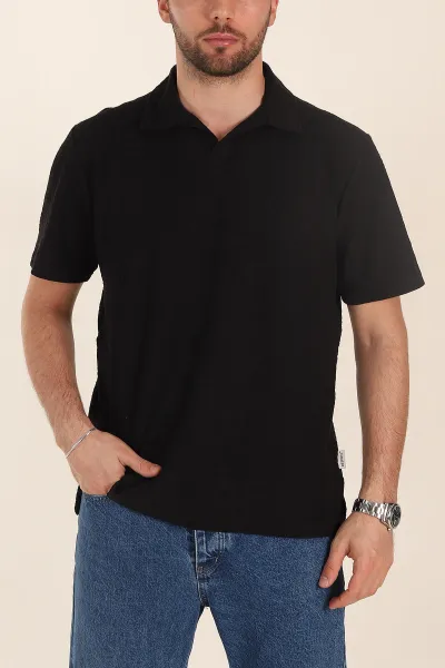 Siyah Relaxed Fit Kabartma Desenli Patlı Polo Yaka Erkek Tişört 358021