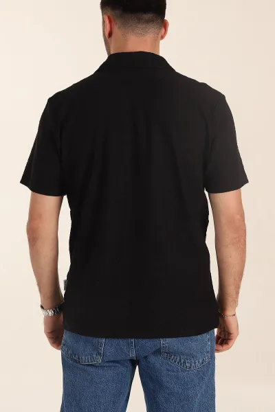 Siyah Relaxed Fit Kabartma Desenli Patlı Polo Yaka Erkek Tişört 358021