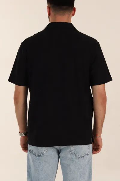 Siyah Relaxed Fit Kabartma Desenli Patlı Polo Yaka Erkek Tişört 358098