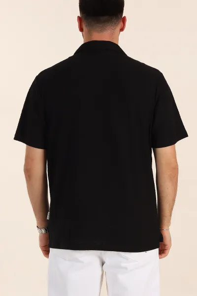 Siyah Relaxed Fit Kabartma Desenli Patlı Polo Yaka Erkek Tişört 358279