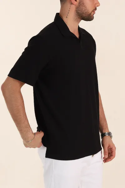 Siyah Relaxed Fit Kabartma Desenli Patlı Polo Yaka Erkek Tişört 358279