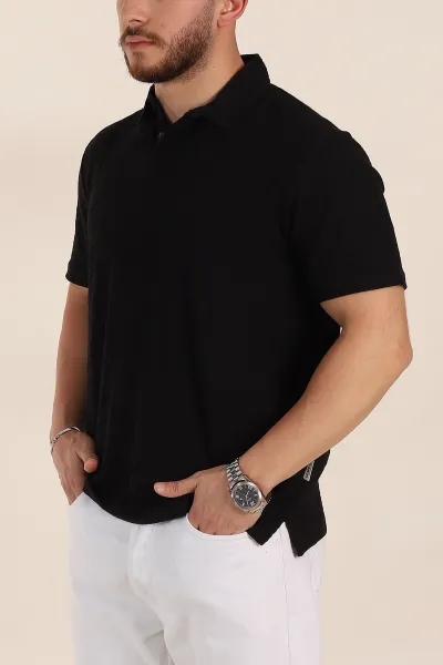 Siyah Relaxed Fit Kabartma Dokulu Düğmeli Polo Yaka Erkek Tişört 358227