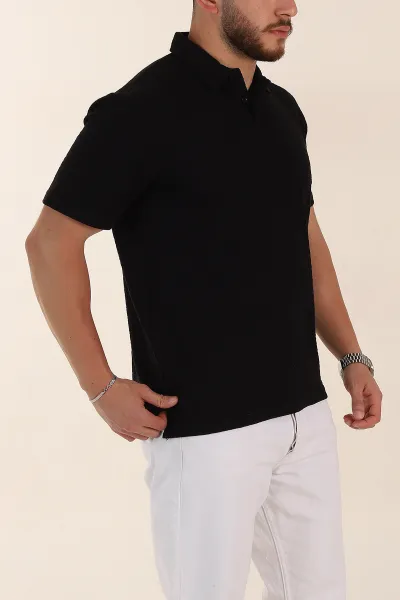 Siyah Relaxed Fit Kabartma Dokulu Düğmeli Polo Yaka Erkek Tişört 358227