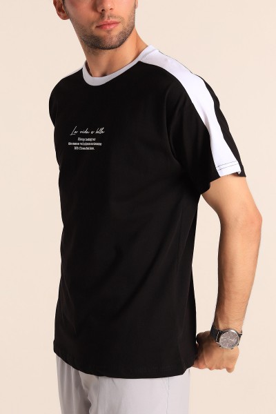 Siyah Relaxed Fit Kabartma Slogan Baskılı Erkek Tişört 186580
