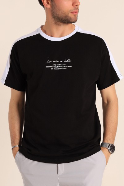 Siyah Relaxed Fit Kabartma Slogan Baskılı Erkek Tişört 186580