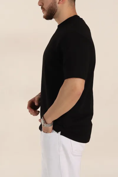Siyah Relaxed Fit Kabartma Yazı Detaylı Erkek Tişört 358492