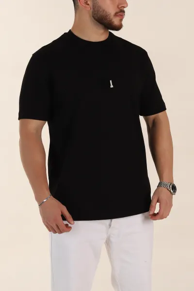 Siyah Relaxed Fit Kabartma Yazı Detaylı Erkek Tişört 358492