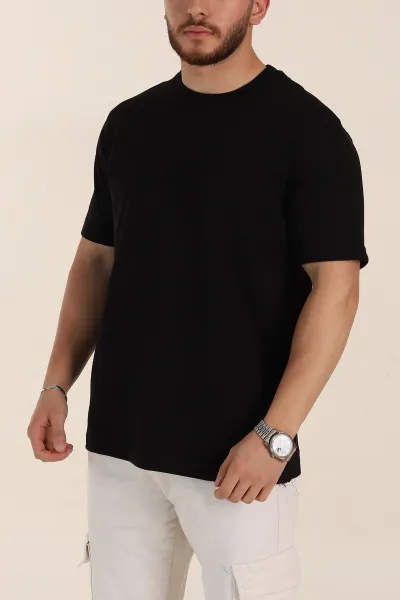 Siyah Relaxed Fit Kabartma Yazı Detaylı Erkek Tişört 358502