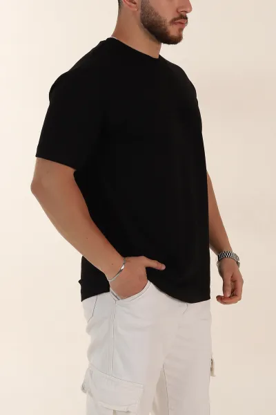 Siyah Relaxed Fit Kabartma Yazı Detaylı Erkek Tişört 358502