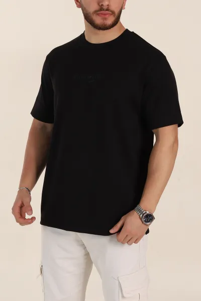Siyah Relaxed Fit Kabartma Yazı Detaylı Erkek Tişört 358649