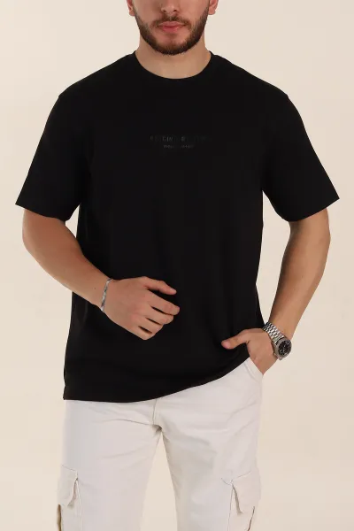 Siyah Relaxed Fit Kabartma Yazı Detaylı Erkek Tişört 358649
