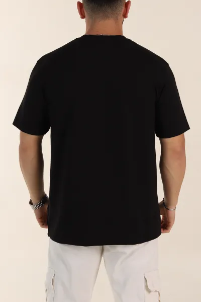 Siyah Relaxed Fit Kabartma Yazı Detaylı Erkek Tişört 358649
