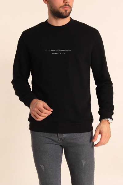 Siyah Relaxed Fit Kabartma Yazılı Erkek Sweatshirt 221444