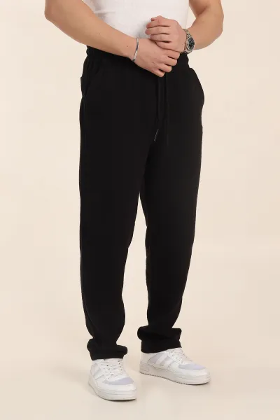 Siyah Relaxed Fit Kalın Müslin Keten Erkek Jogger Eşofman Altı 354103