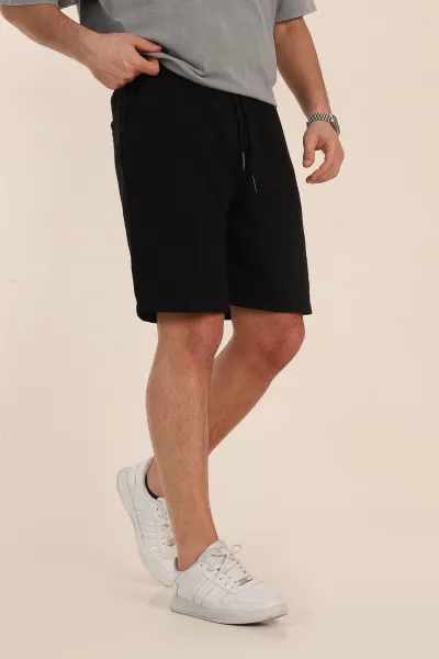 Siyah Relaxed Fit Kalın Müslin Keten Erkek Şort 354063