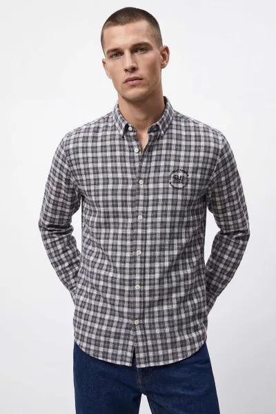 Siyah Relaxed Fit Kare Desen Erkek Gömlek 435774
