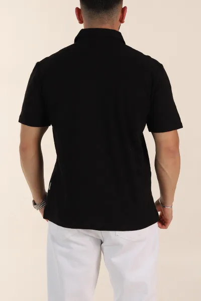 Siyah Relaxed Fit Kare Dokulu Düğmeli Polo Yaka Erkek Tişört 358171