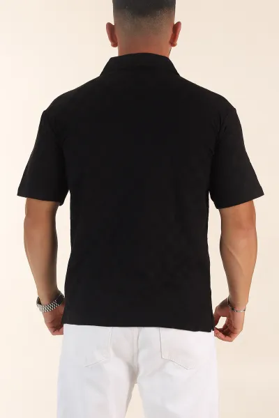 Siyah Relaxed Fit Kare Dokulu Patlı Polo Yaka Erkek Tişört 358033