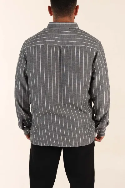 Siyah Relaxed Fit Keten Ata Yaka Çizgili Erkek Gömlek 376954