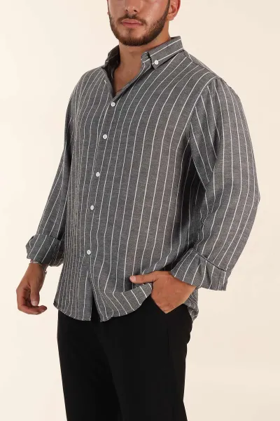 Siyah Relaxed Fit Keten Ata Yaka Çizgili Erkek Gömlek 376954
