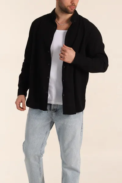 Siyah Relaxed Fit Keten Ata Yaka Erkek Gömlek 339162