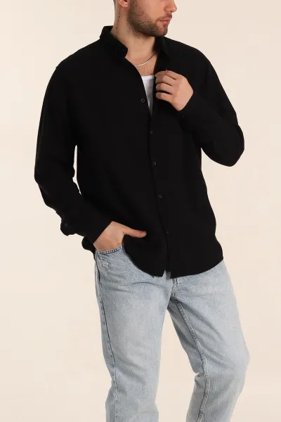 Siyah Relaxed Fit Keten Ata Yaka Erkek Gömlek 339162