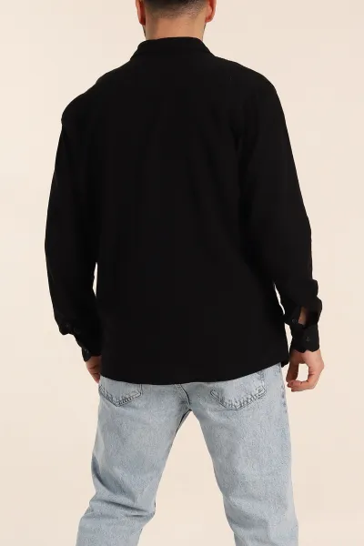 Siyah Relaxed Fit Keten Ata Yaka Erkek Gömlek 339162