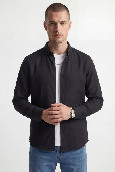 Siyah Relaxed Fit Keten Ata Yaka Erkek Gömlek 435839