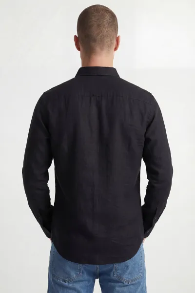 Siyah Relaxed Fit Keten Ata Yaka Erkek Gömlek 435839