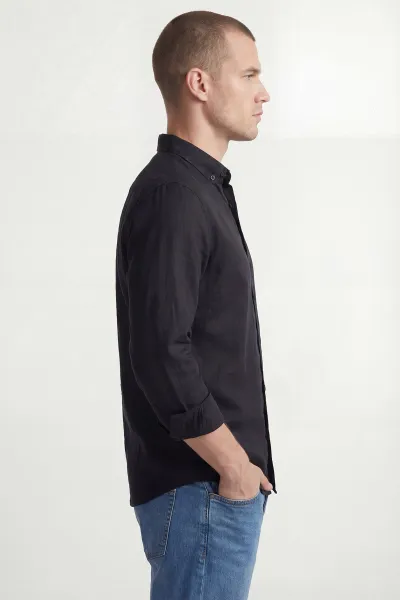 Siyah Relaxed Fit Keten Ata Yaka Erkek Gömlek 435839