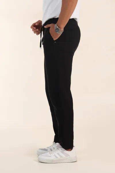 Siyah Relaxed Fit Keten Bel Lastikli Erkek Jogger Pantolon 380912