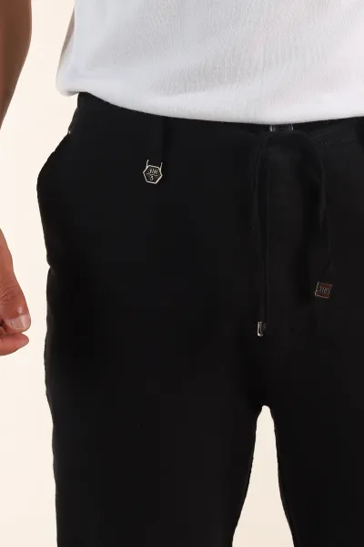 Siyah Relaxed Fit Keten Bel Lastikli Erkek Jogger Pantolon 380912
