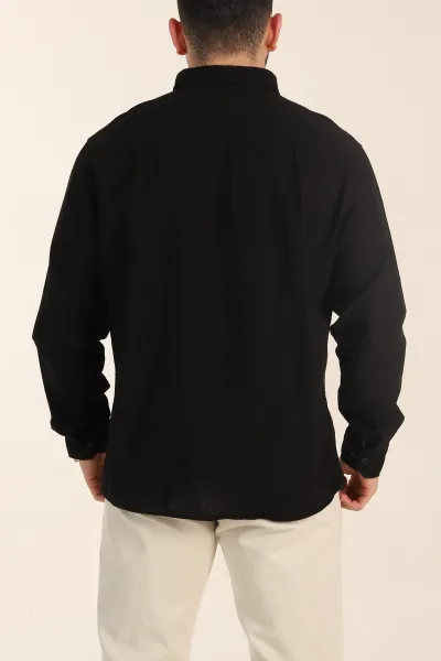 Siyah Relaxed Fit Keten Cep Detaylı Erkek Gömlek 356961