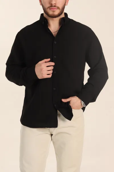 Siyah Relaxed Fit Keten Cep Detaylı Erkek Gömlek 356961