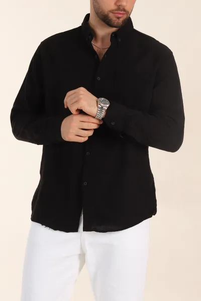 Siyah Relaxed Fit Keten Cep Detaylı Erkek Gömlek 356970
