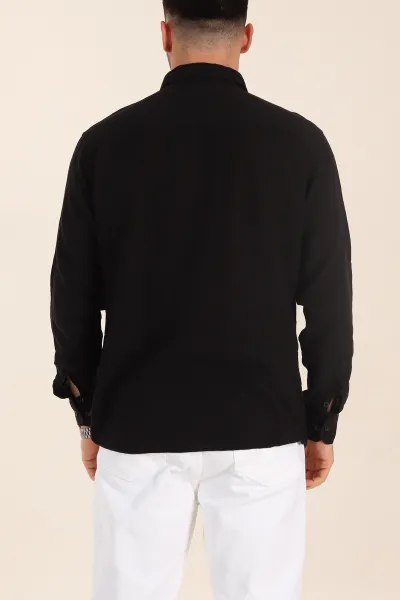 Siyah Relaxed Fit Keten Cep Detaylı Erkek Gömlek 356970