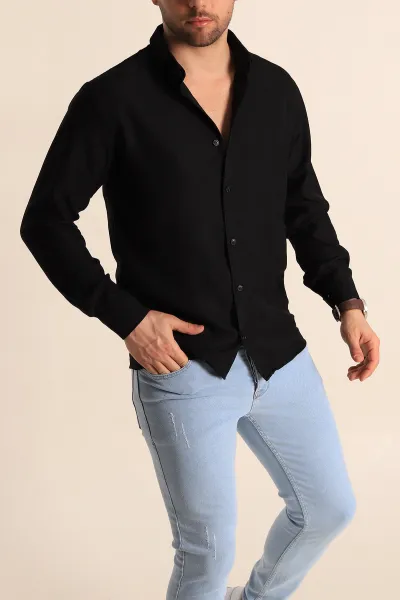 Siyah Relaxed Fit Keten Erkek Gömlek 256523