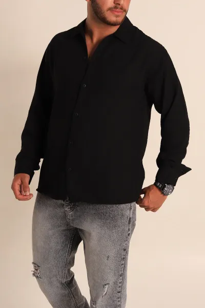 Siyah Relaxed Fit Keten Erkek Gömlek 283760