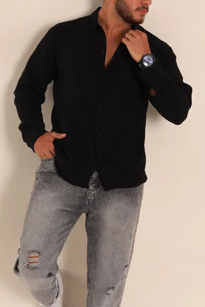 Siyah Relaxed Fit Keten Erkek Gömlek 283760