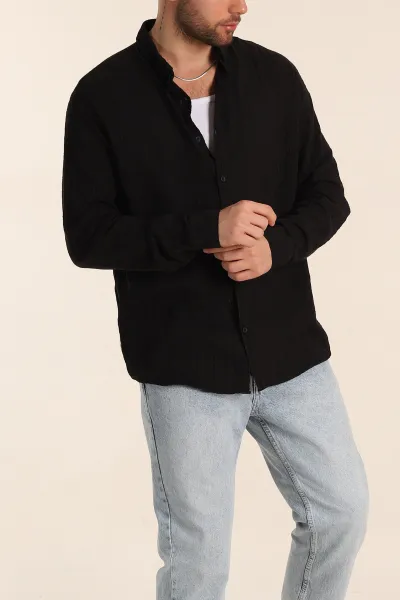 Siyah Relaxed Fit Keten Kare Dokulu Ata Yaka Erkek Gömlek 339177