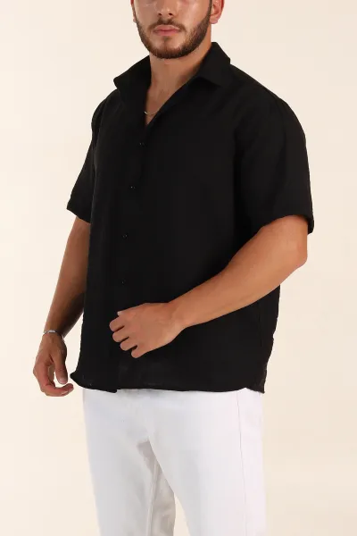 Siyah Relaxed Fit Keten Kısa Kollu Erkek Gömlek 376969