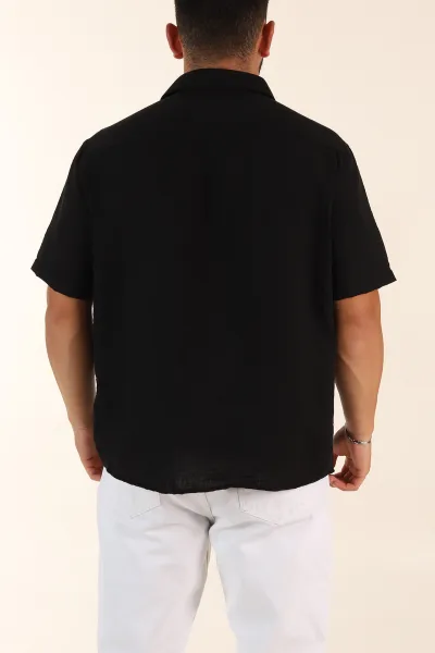 Siyah Relaxed Fit Keten Kısa Kollu Erkek Gömlek 376969