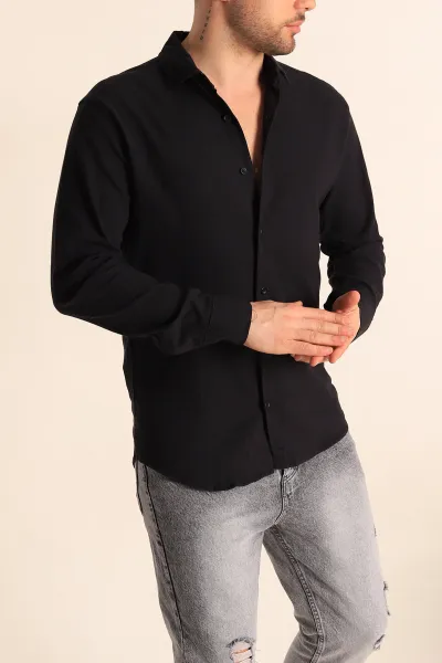 Siyah Relaxed Fit Kırınkıl Keten Erkek Gömlek 256990