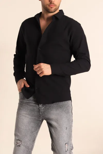 Siyah Relaxed Fit Kırınkıl Keten Erkek Gömlek 256990
